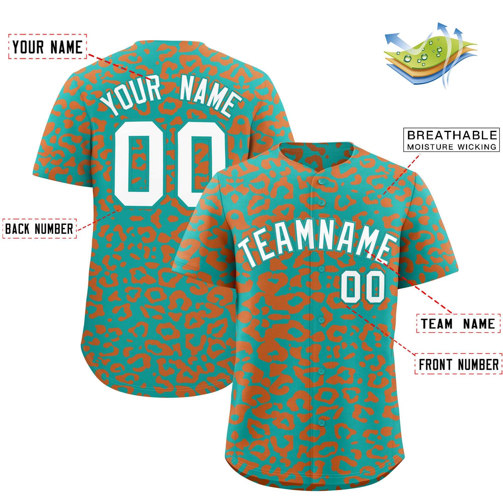 Custom Aqua Orange Leopard Print Pattern Authentic Baseball Jersey