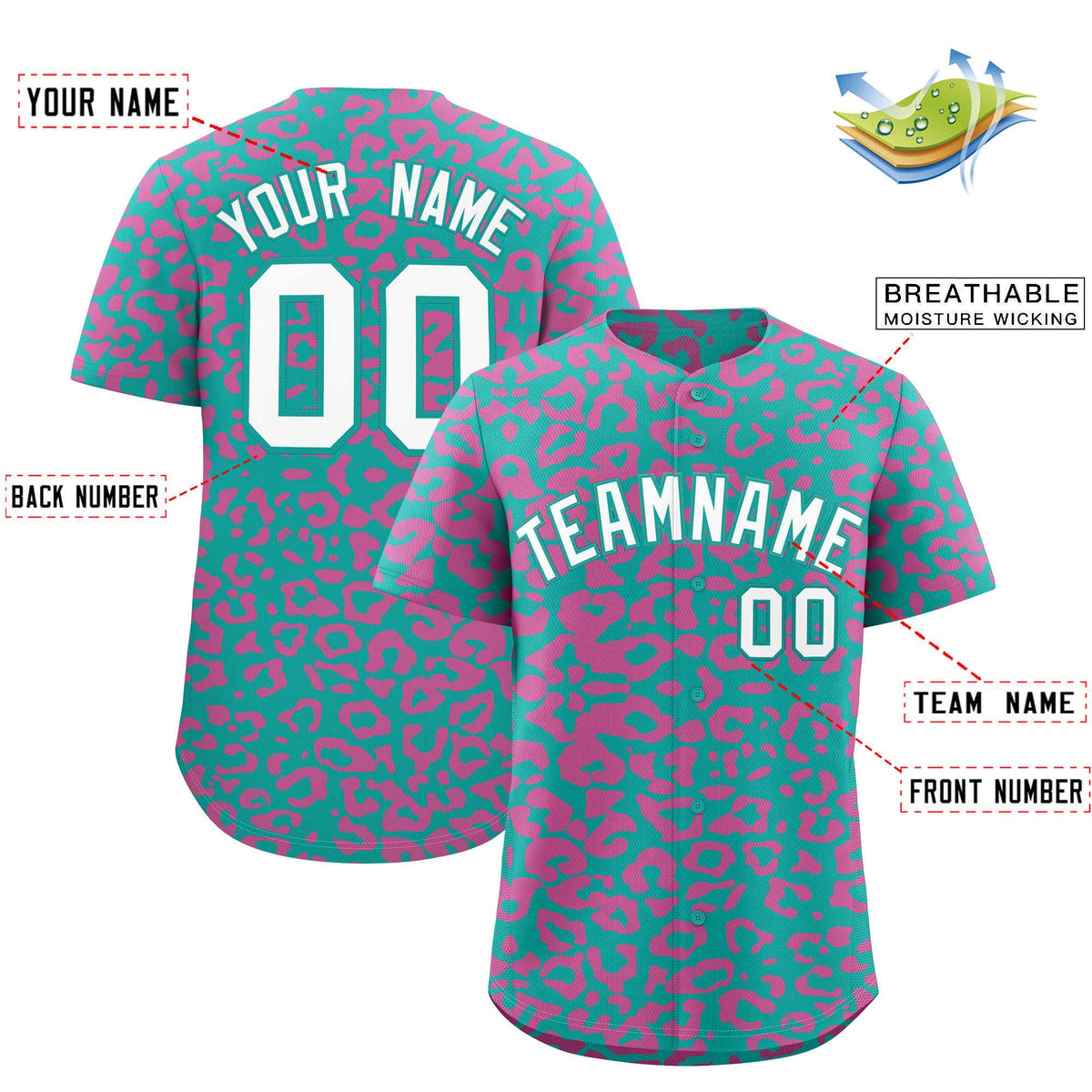 Custom Aqua Pink Leopard Print Pattern Authentic Baseball Jersey