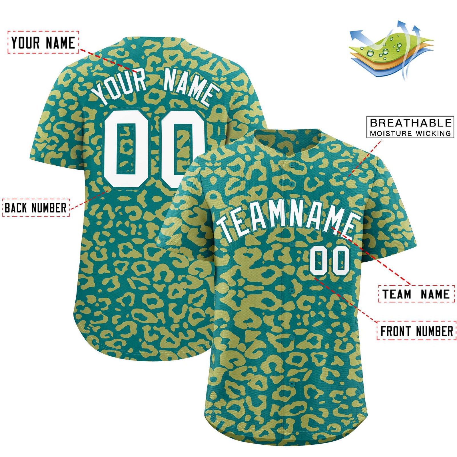 Custom Aqua Old Gold Leopard Print Pattern Authentic Baseball Jersey