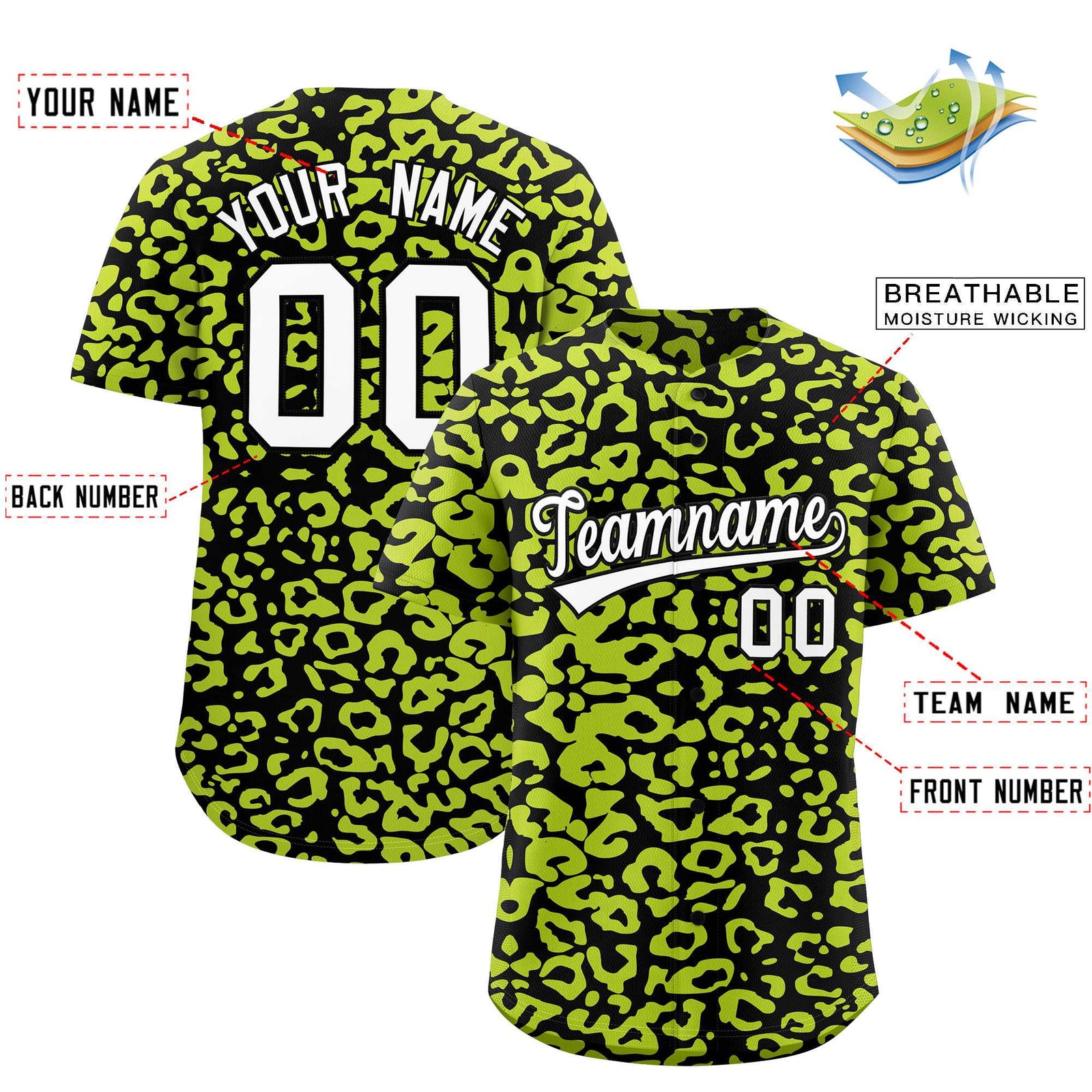 Custom Black Fluorescent Green Leopard Print Pattern Authentic Baseball Jersey