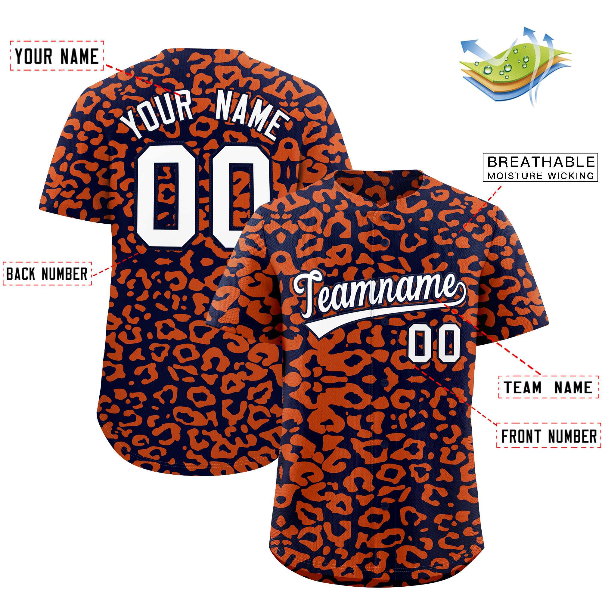 Custom Navy Orange Leopard Print Pattern Authentic Baseball Jersey