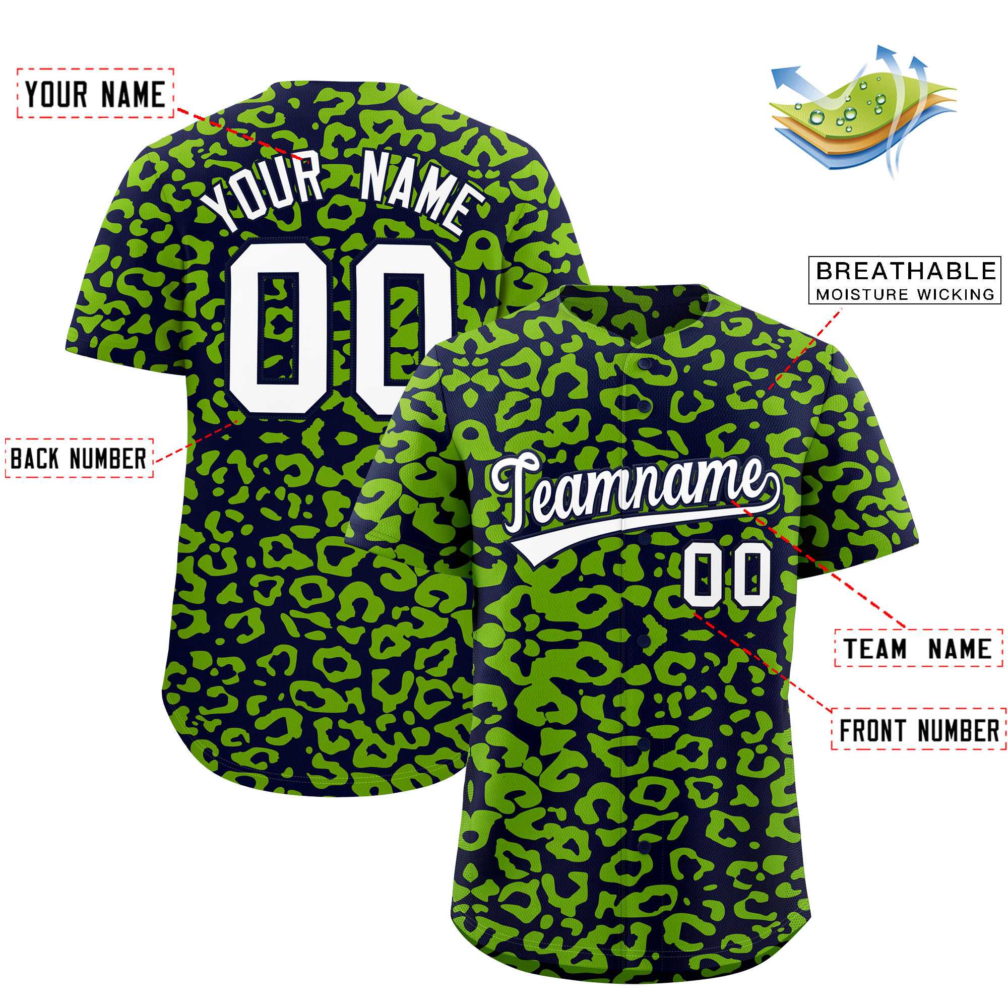 Custom Navy Neon Green Leopard Print Pattern Authentic Baseball Jersey