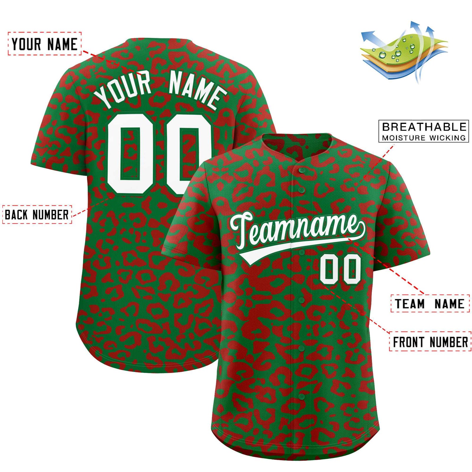 Custom Kelly Green Red Leopard Print Pattern Authentic Baseball Jersey