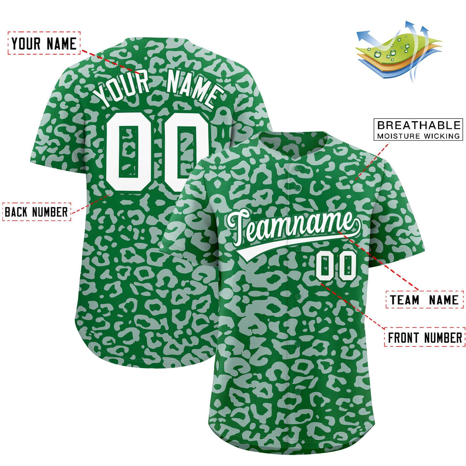 Custom Kelly Green Silver Leopard Print Pattern Authentic Baseball Jersey