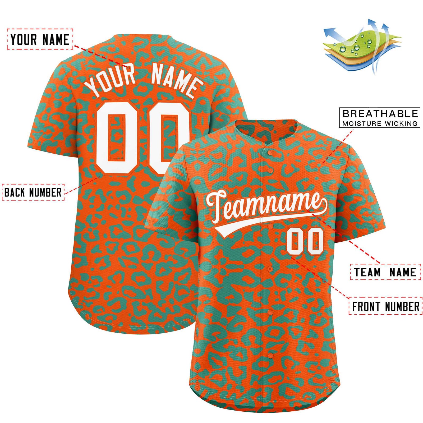Custom Orange Aqua Leopard Print Pattern Authentic Baseball Jersey