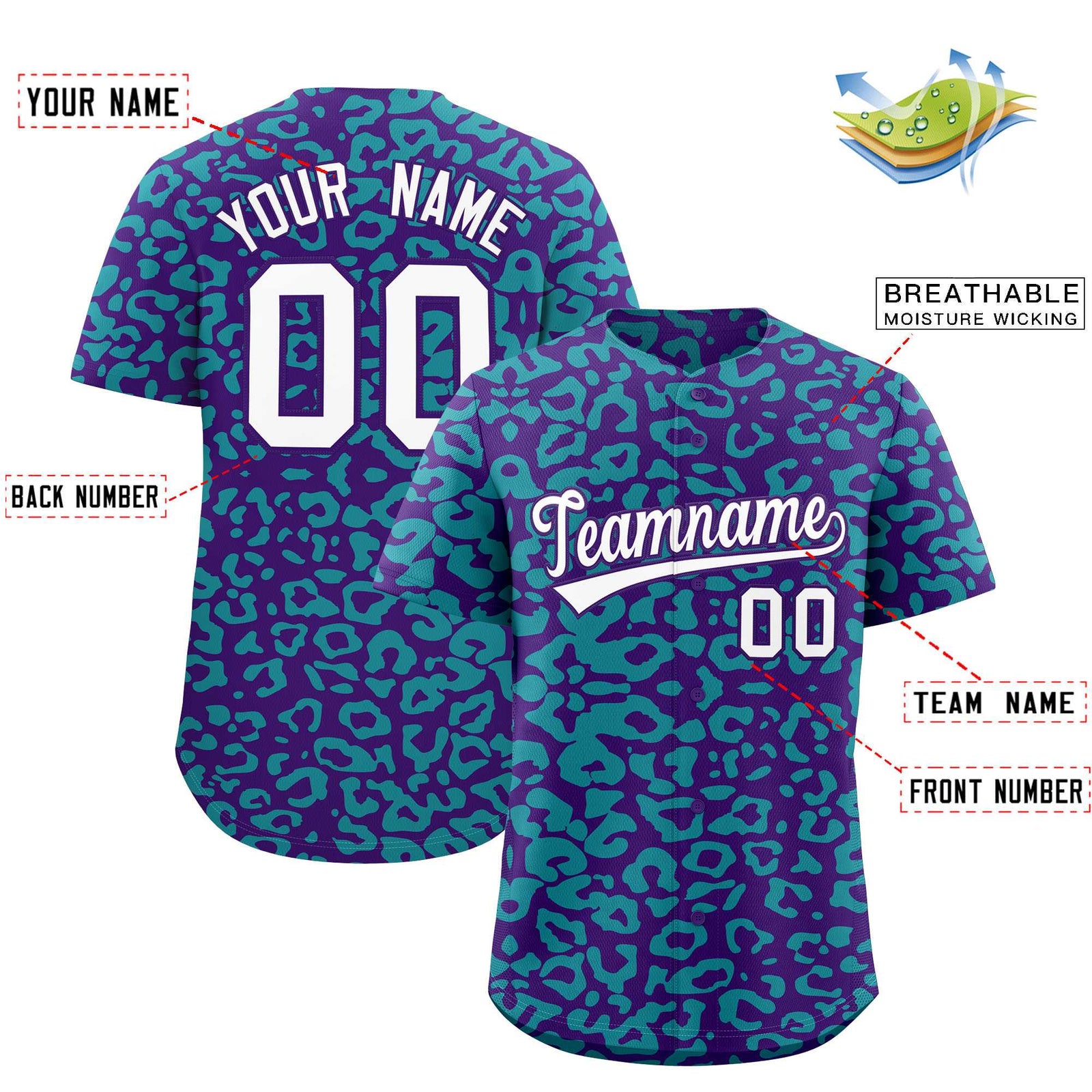 Custom Purple Aqua Leopard Print Pattern Authentic Baseball Jersey