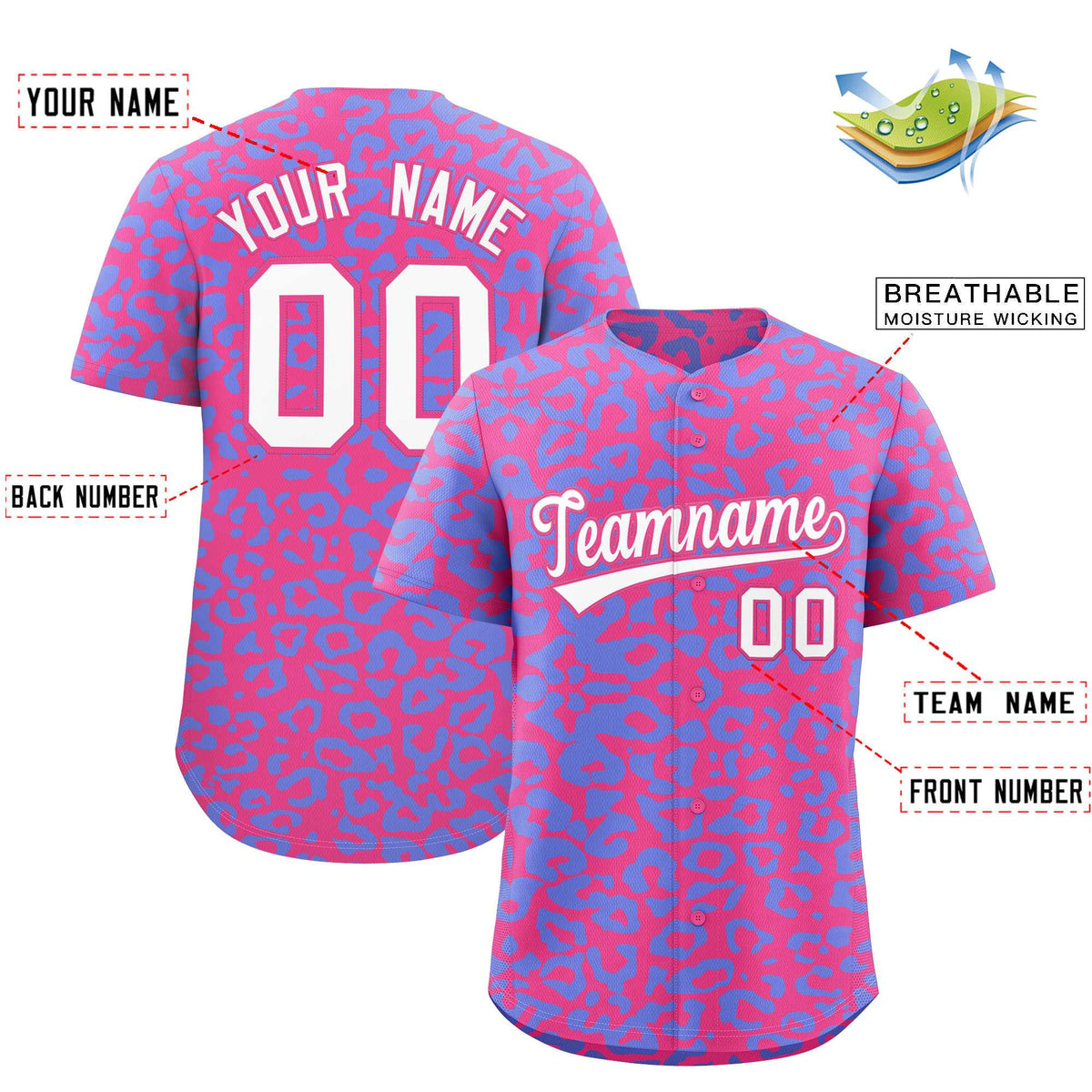 Custom Pink Light Blue Leopard Print Pattern Authentic Baseball Jersey