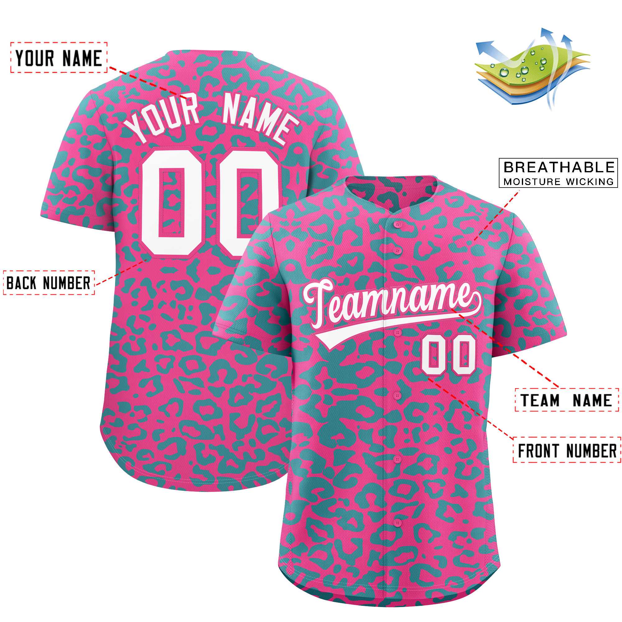 Custom Pink Aqua Leopard Print Pattern Authentic Baseball Jersey