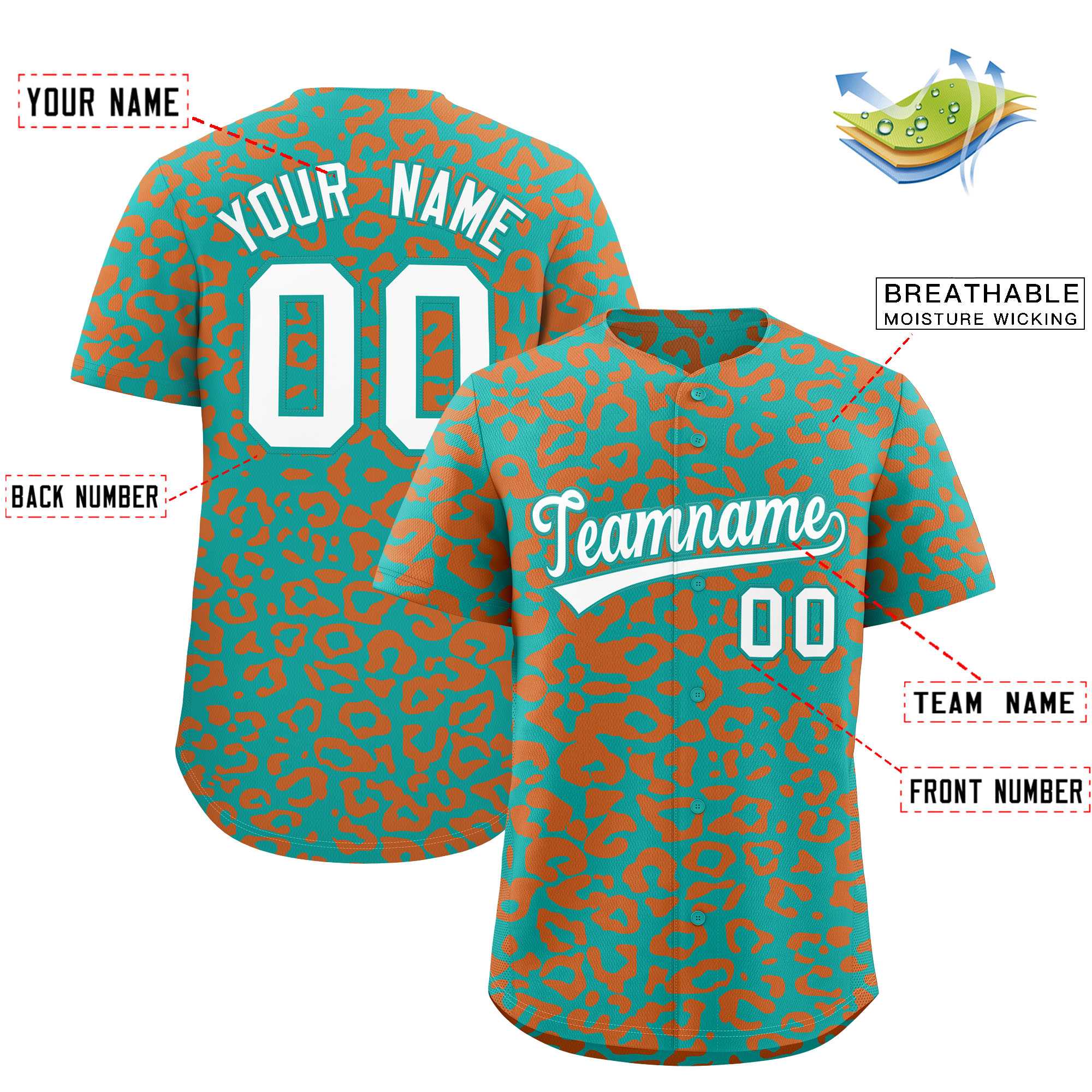 Custom Aqua Orange Leopard Print Pattern Authentic Baseball Jersey