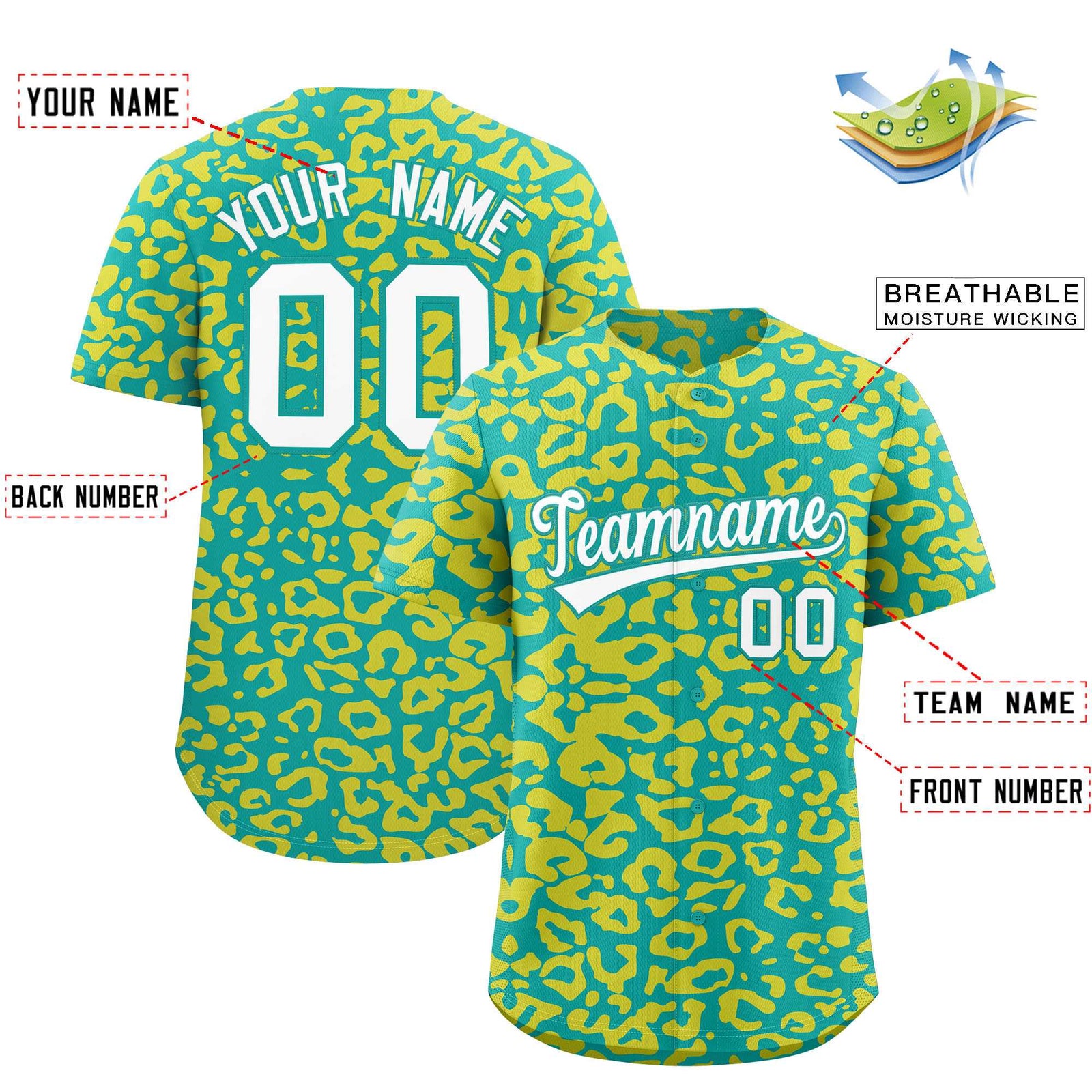 Custom Aqua Gold Leopard Print Pattern Authentic Baseball Jersey