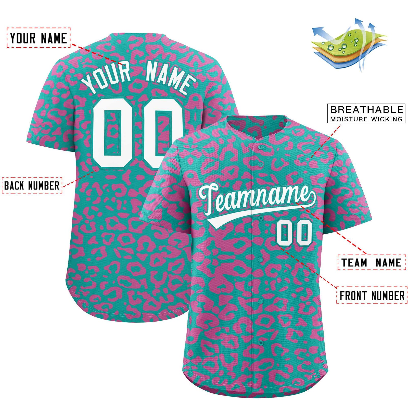 Custom Aqua Pink Leopard Print Pattern Authentic Baseball Jersey