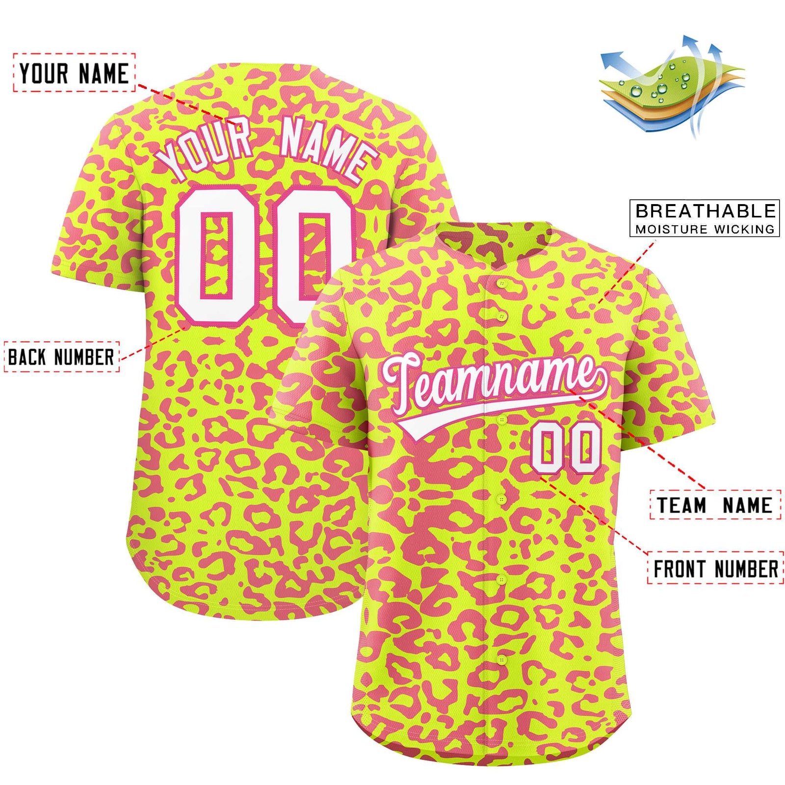 Custom Fluorescent Green Pink Leopard Print Pattern Authentic Baseball Jersey