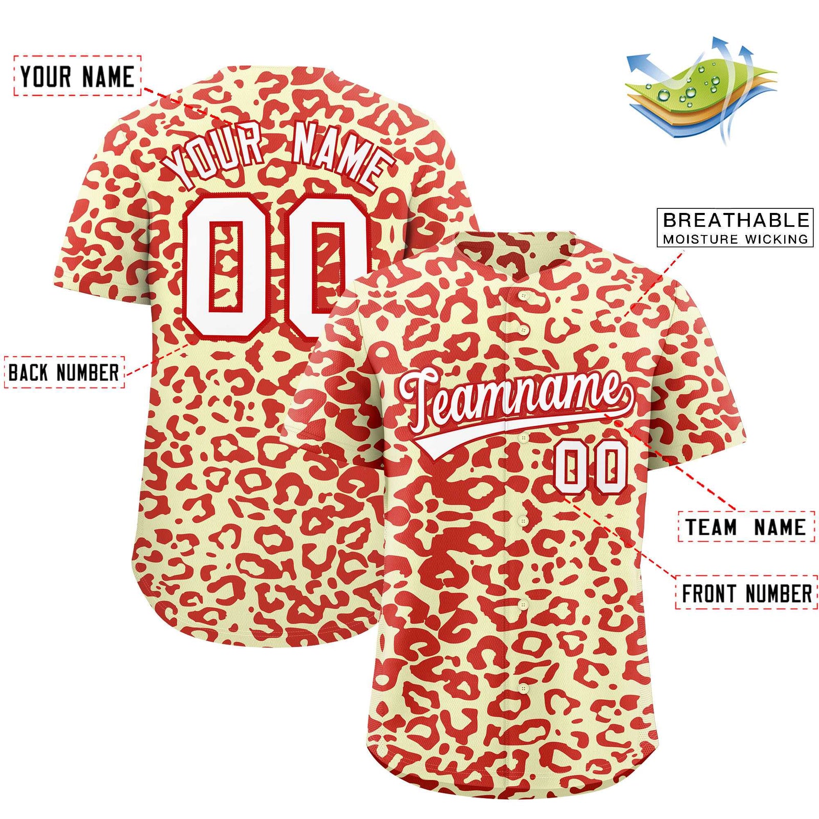 Custom Cream Red Leopard Print Pattern Authentic Baseball Jersey