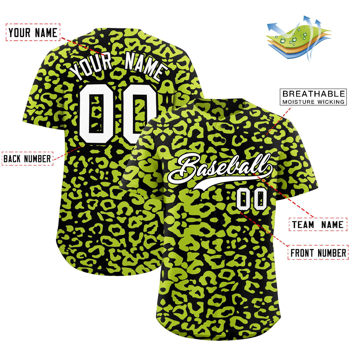 Custom Black Fluorescent Green Leopard Print Pattern Authentic Baseball Jersey