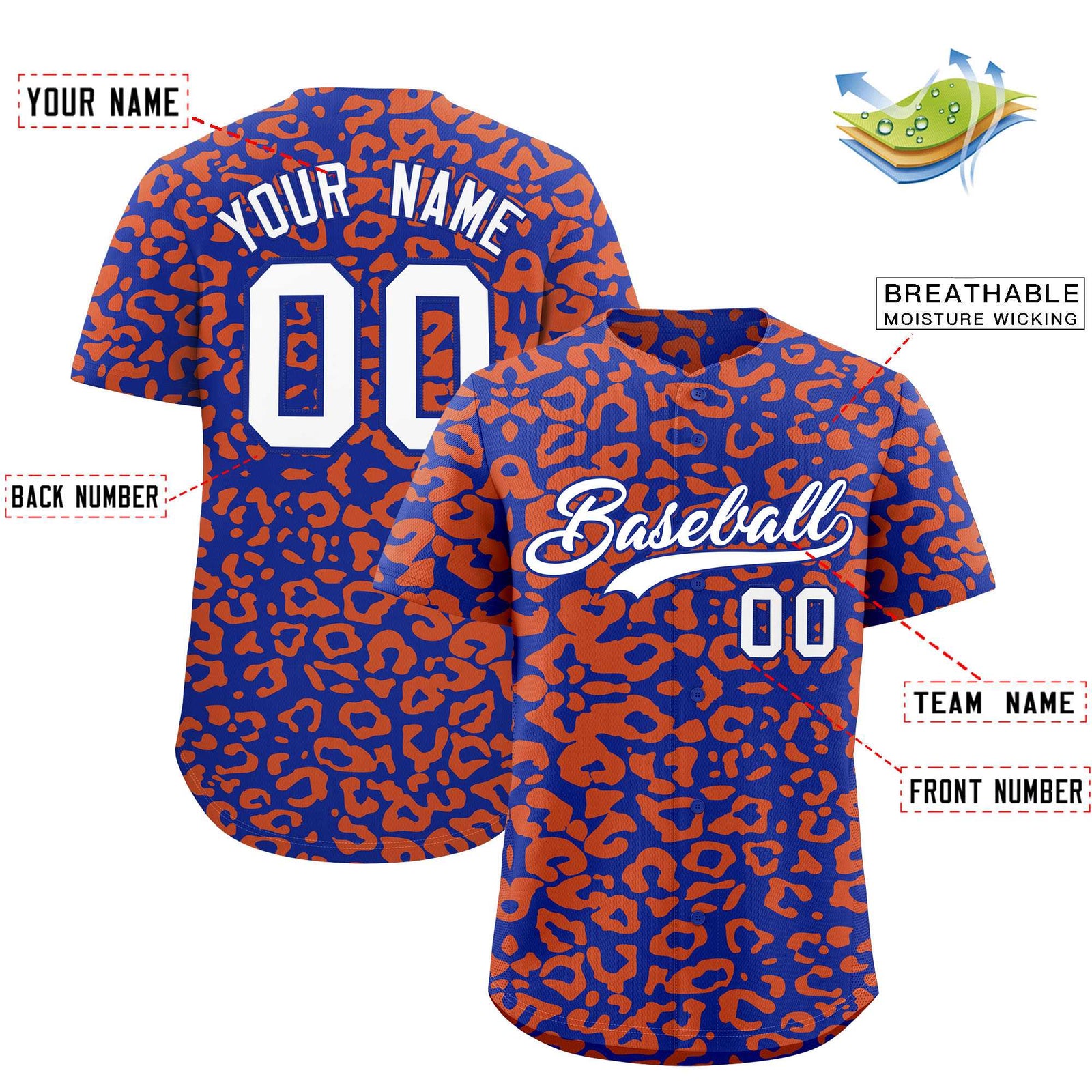 Custom Royal Orange Leopard Print Pattern Authentic Baseball Jersey