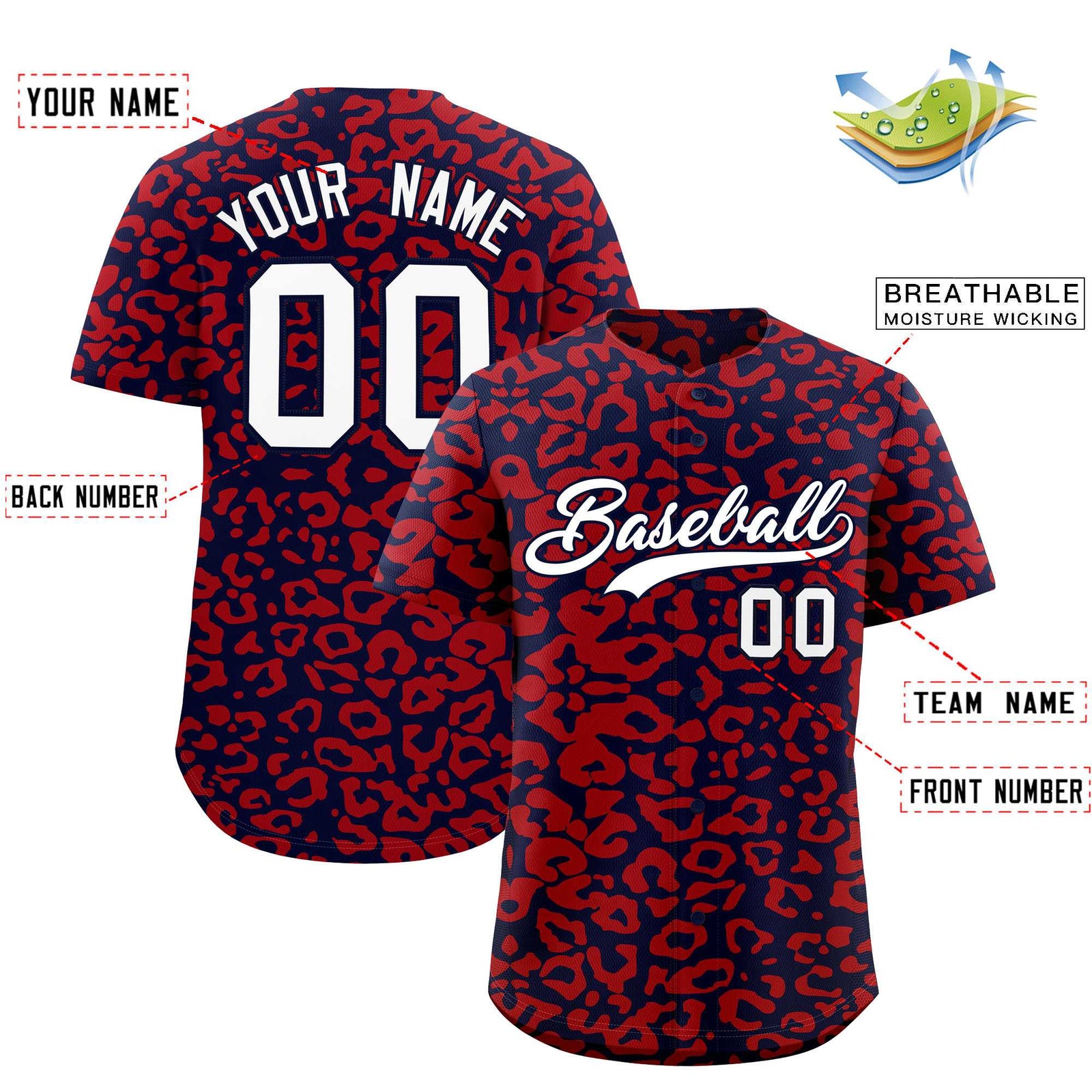 Custom Navy Red Leopard Print Pattern Authentic Baseball Jersey