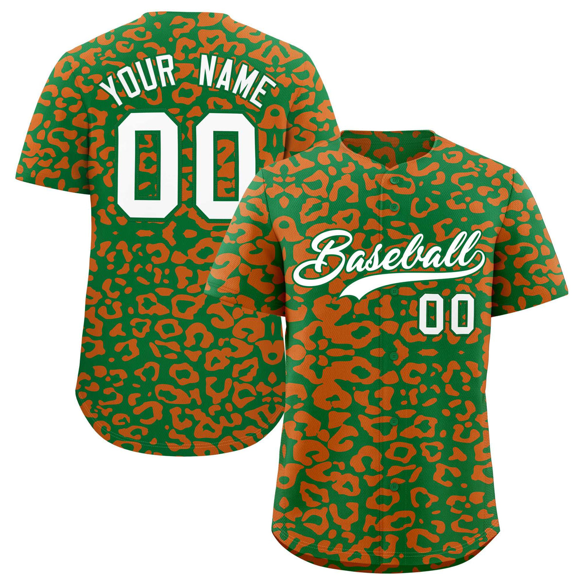 Custom Kelly Green Orange Leopard Print Pattern Authentic Baseball Jersey