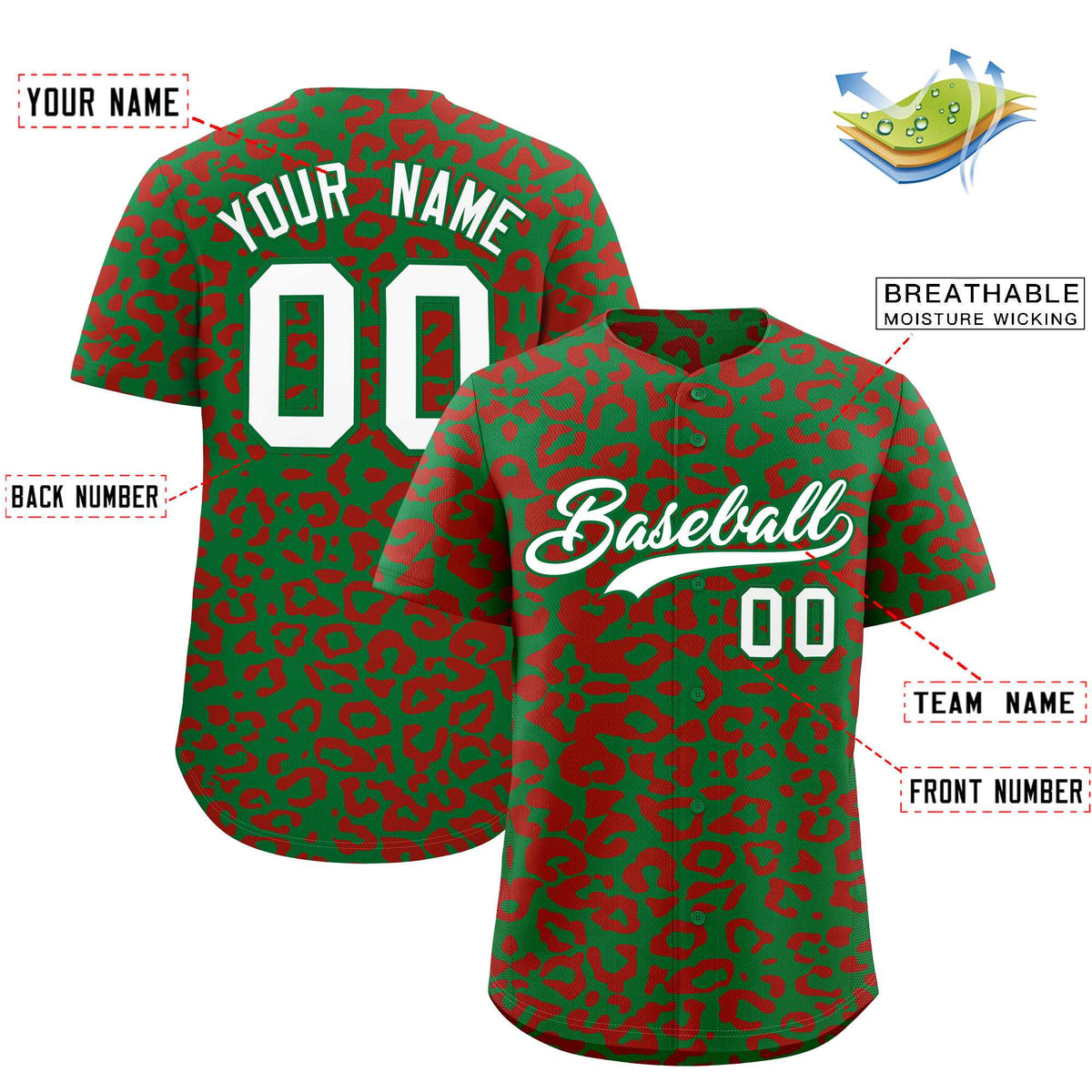 Custom Kelly Green Red Leopard Print Pattern Authentic Baseball Jersey