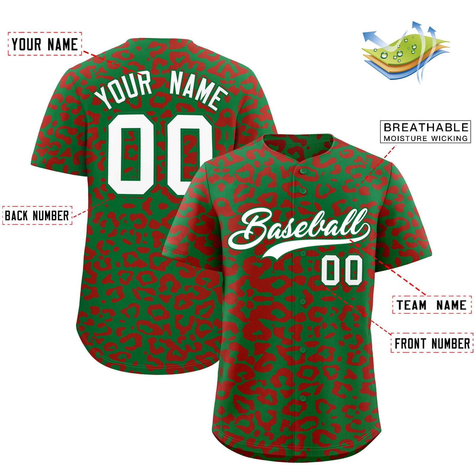 Custom Kelly Green Red Leopard Print Pattern Authentic Baseball Jersey