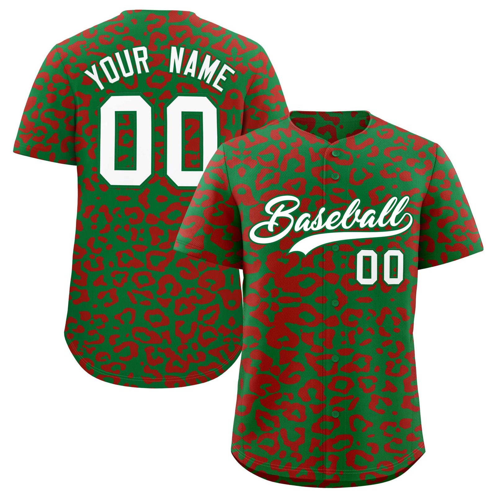 Custom Kelly Green Red Leopard Print Pattern Authentic Baseball Jersey