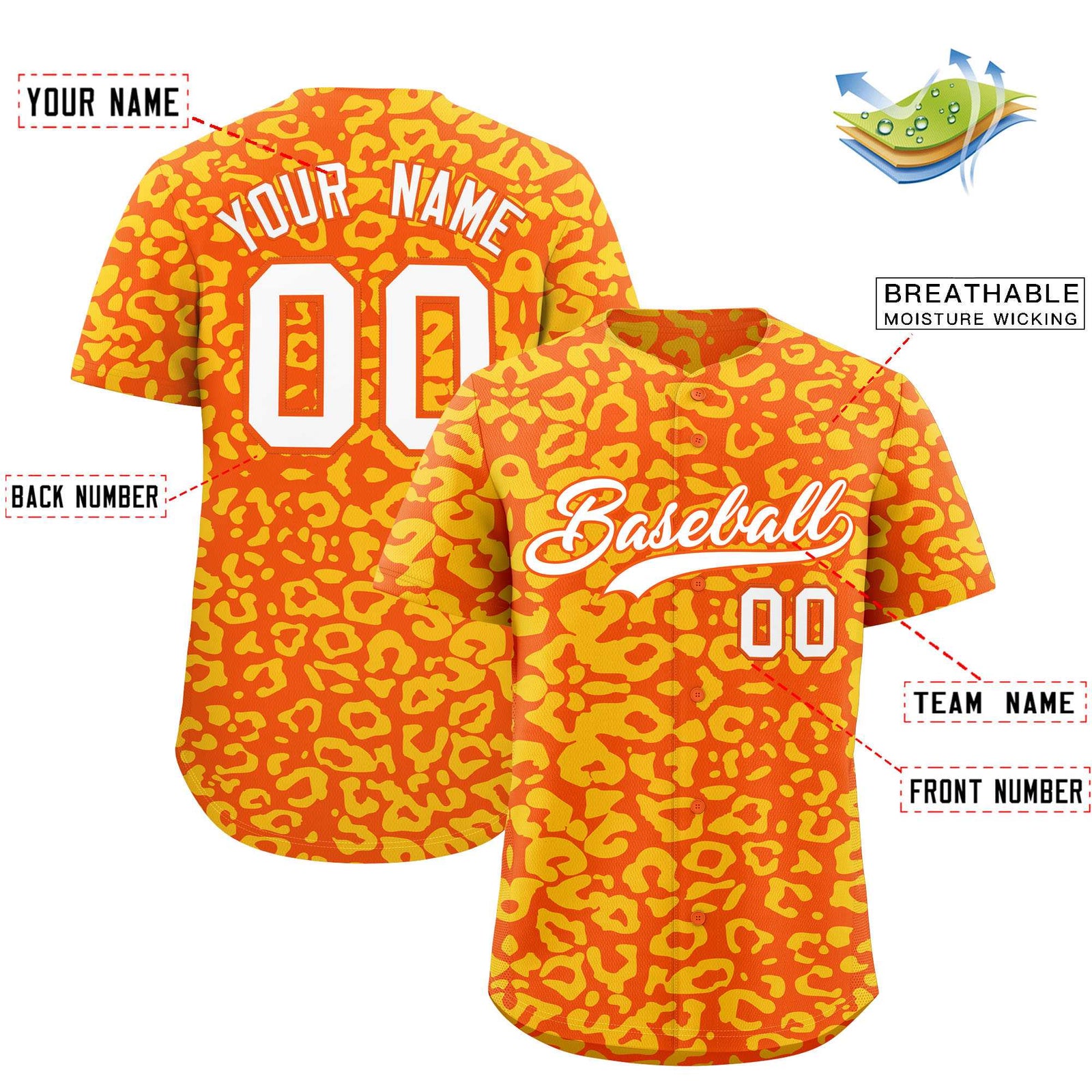 Custom Orange Gold Leopard Print Pattern Authentic Baseball Jersey