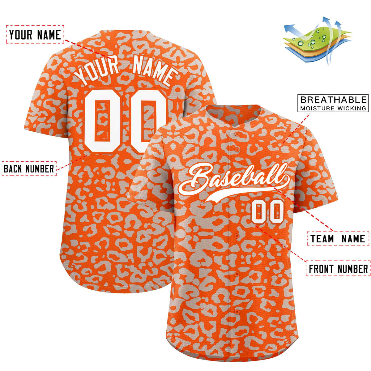 Custom Orange Silver Leopard Print Pattern Authentic Baseball Jersey