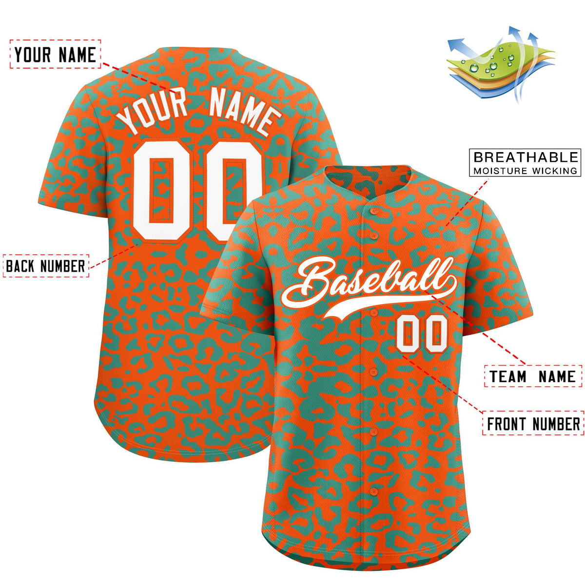 Custom Orange Aqua Leopard Print Pattern Authentic Baseball Jersey