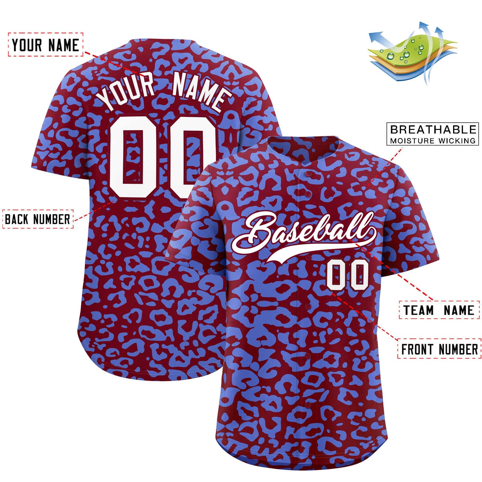 Custom Crimson Light Blue Leopard Print Pattern Authentic Baseball Jersey