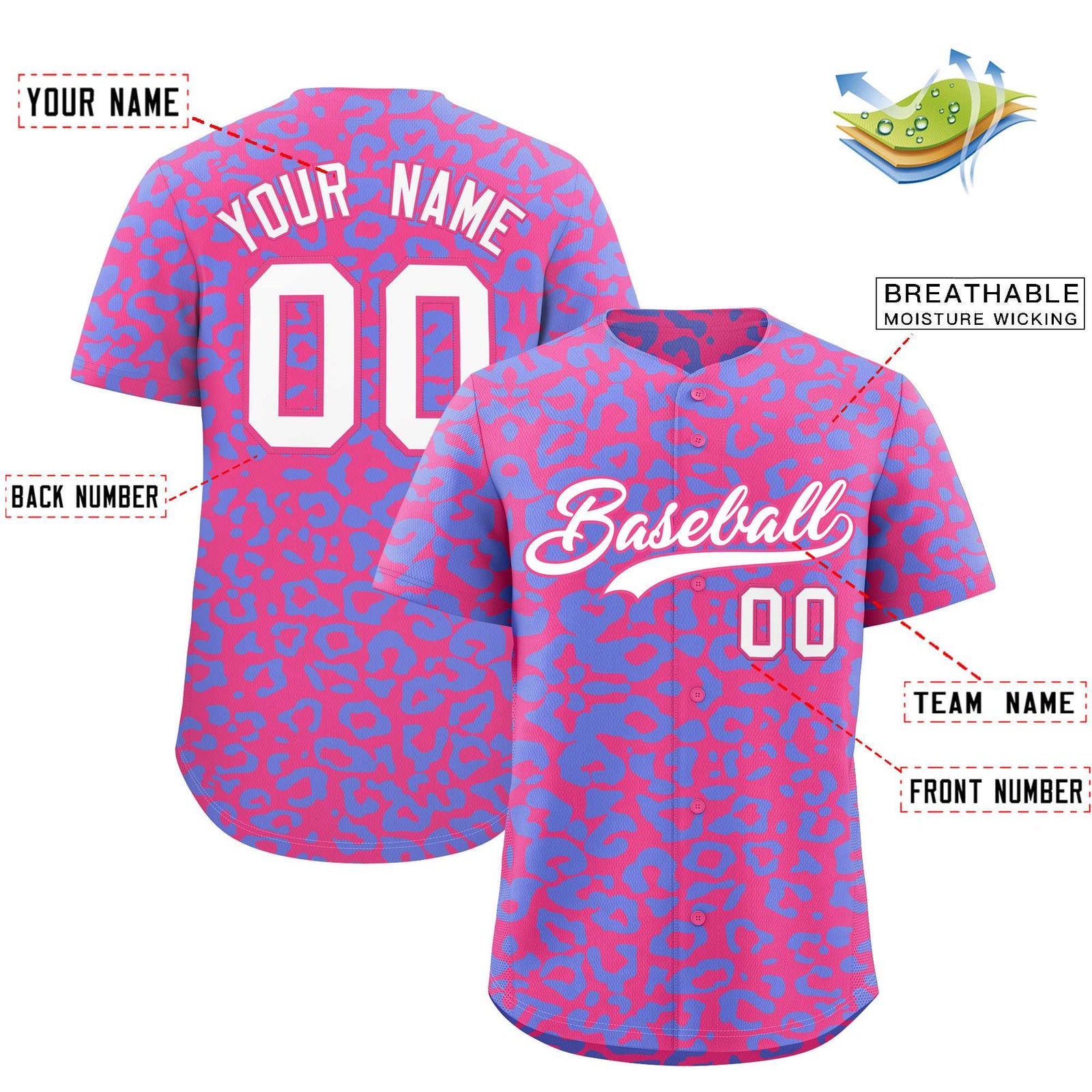 Custom Pink Light Blue Leopard Print Pattern Authentic Baseball Jersey