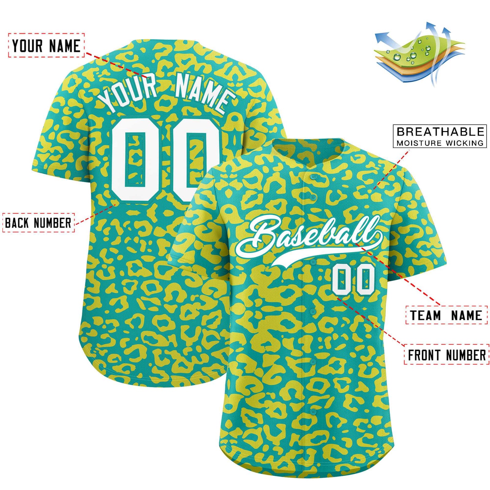 Custom Aqua Gold Leopard Print Pattern Authentic Baseball Jersey