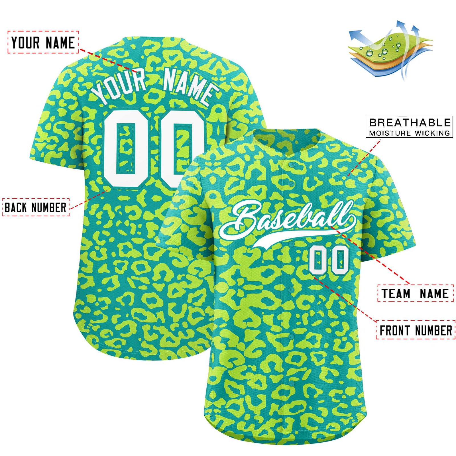 Custom Aqua Fluorescent Green Leopard Print Pattern Authentic Baseball Jersey