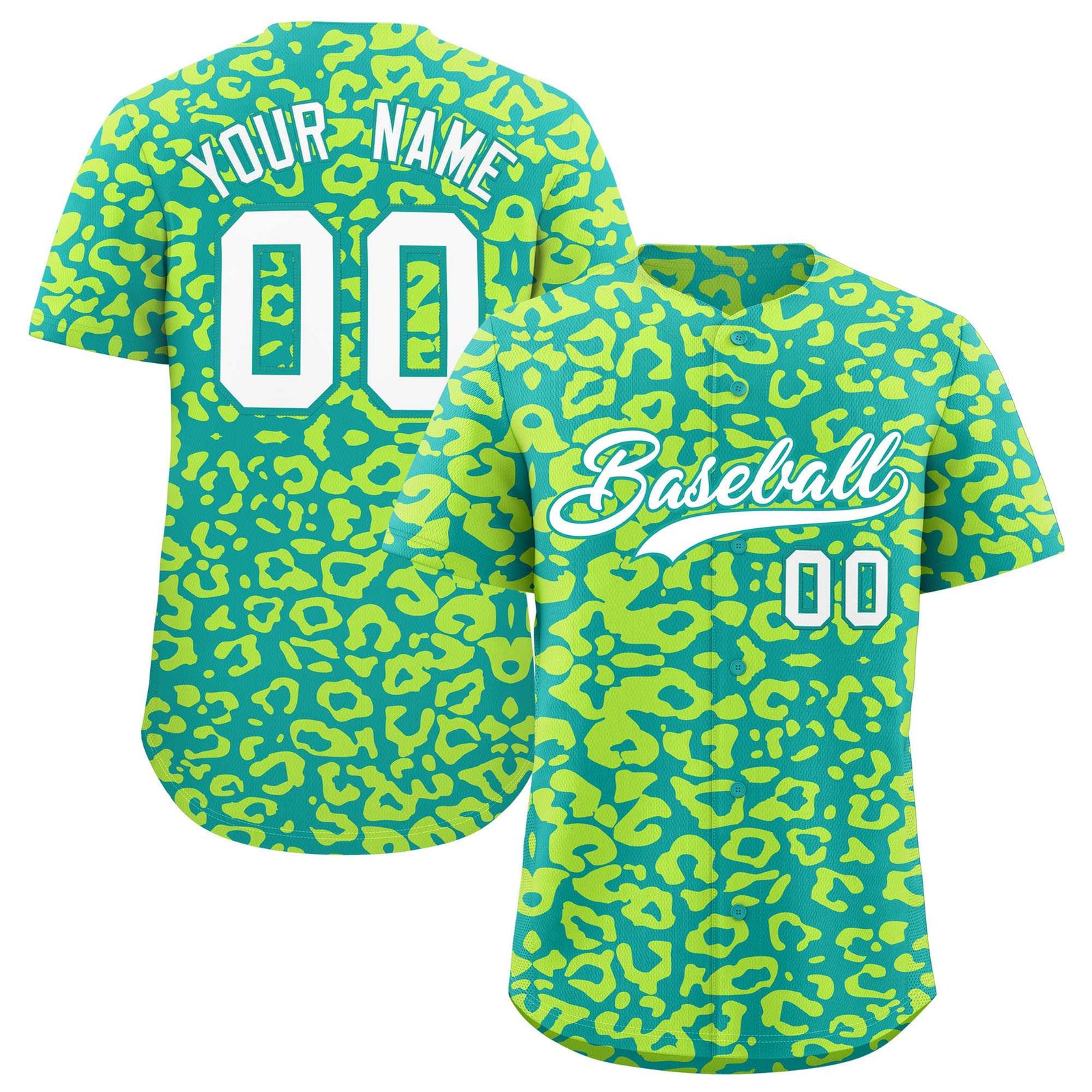 Custom Aqua Fluorescent Green Leopard Print Pattern Authentic Baseball Jersey