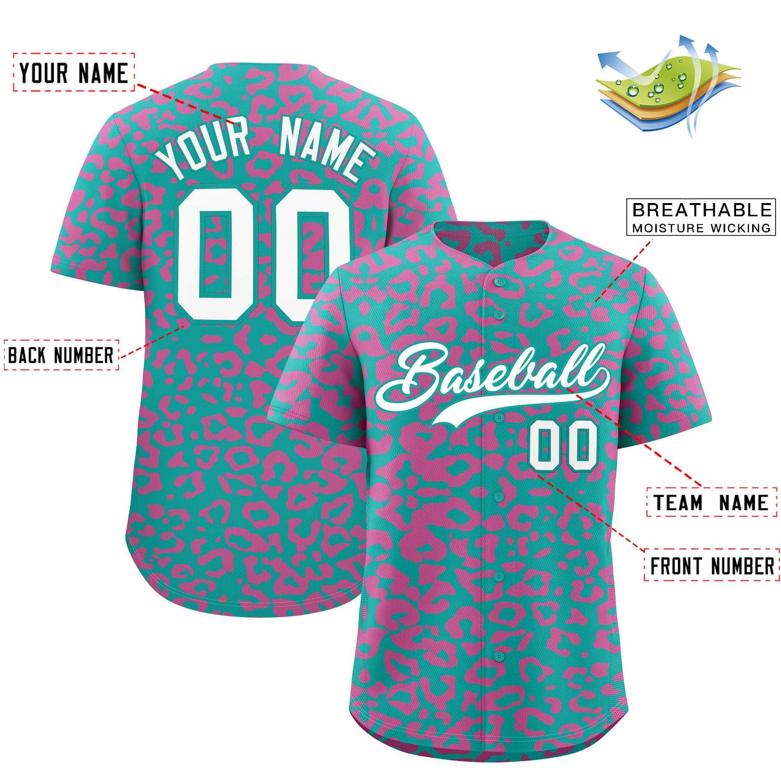 Custom Aqua Pink Leopard Print Pattern Authentic Baseball Jersey