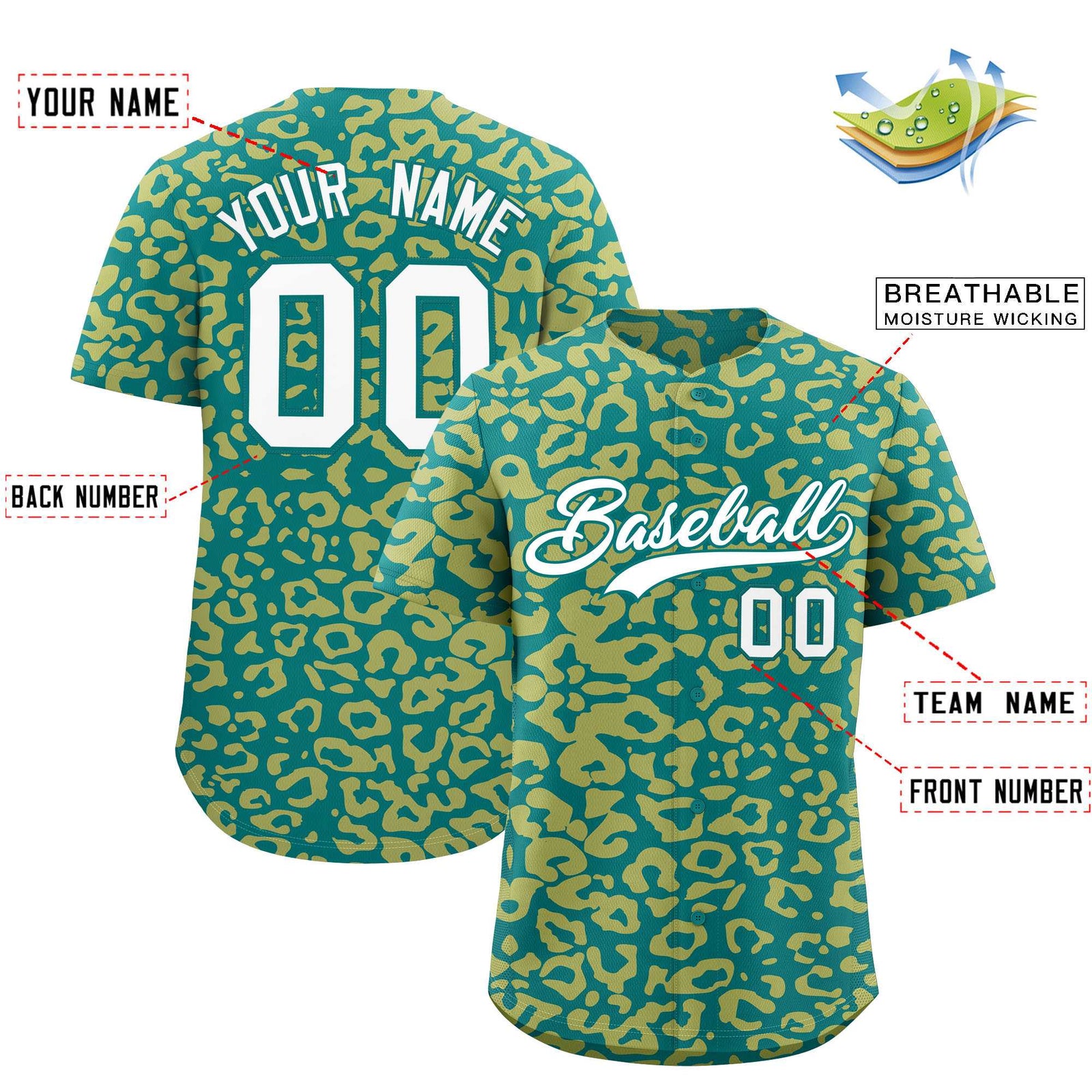 Custom Aqua Old Gold Leopard Print Pattern Authentic Baseball Jersey