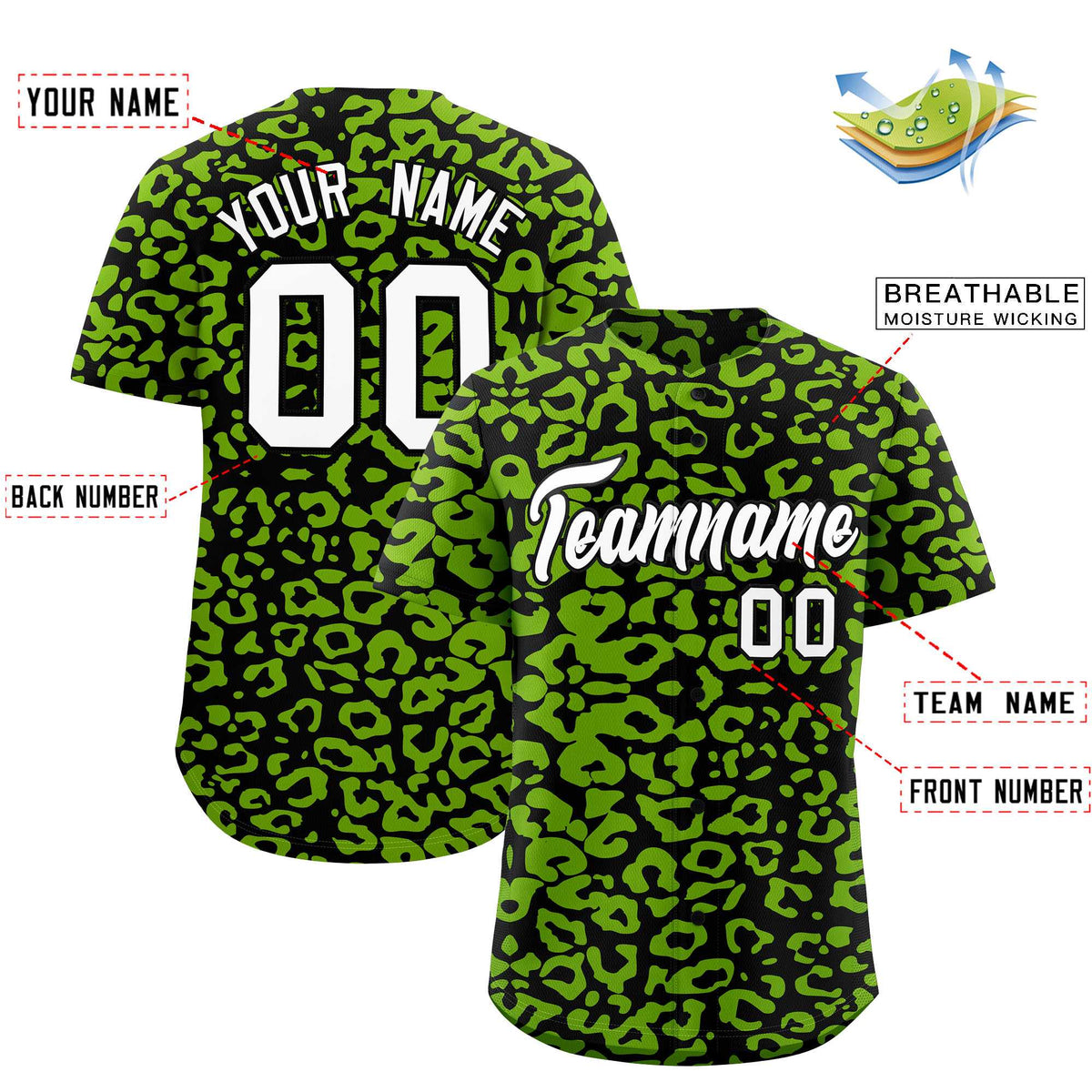 Custom Black Neon Green Leopard Print Pattern Authentic Baseball Jersey