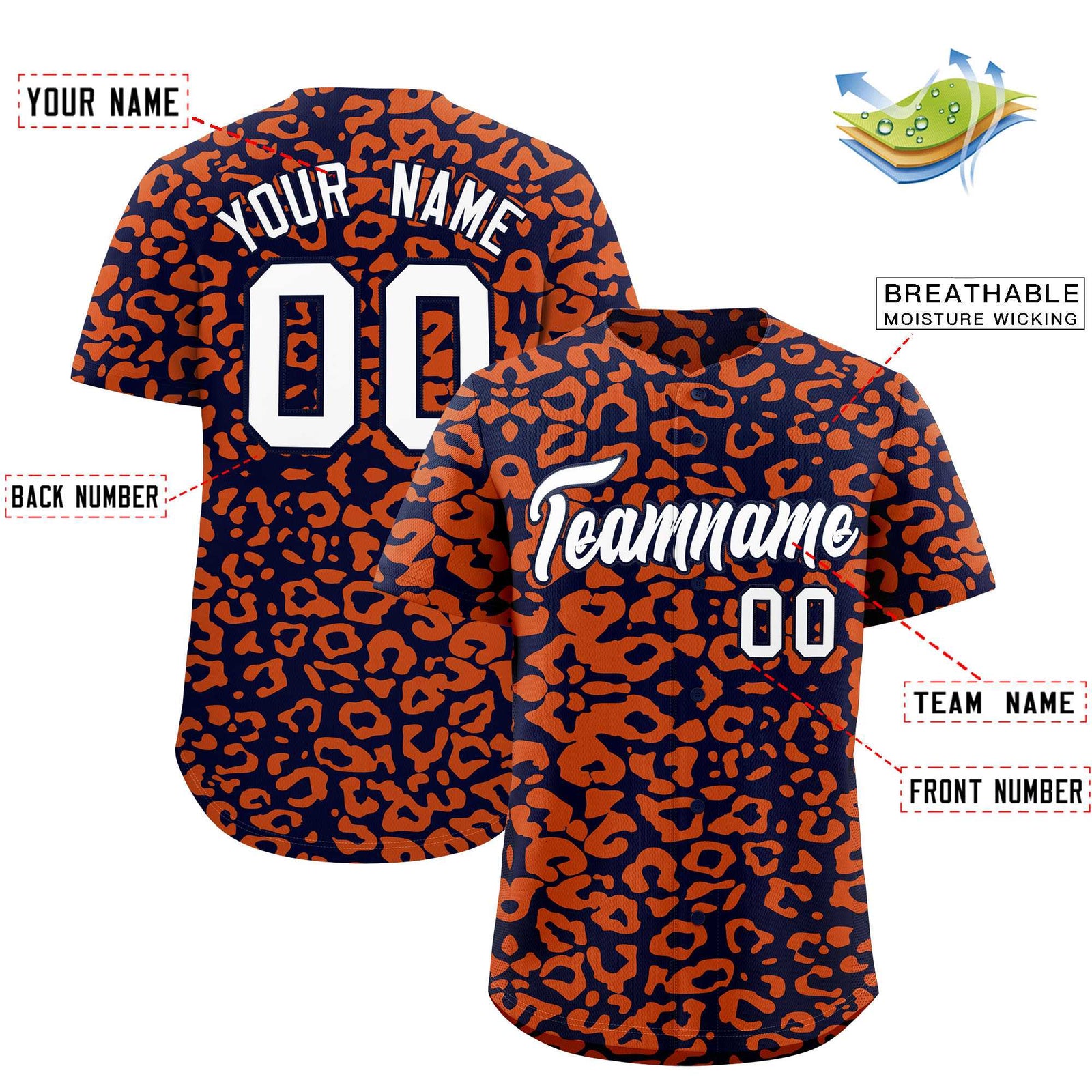 Custom Navy Orange Leopard Print Pattern Authentic Baseball Jersey