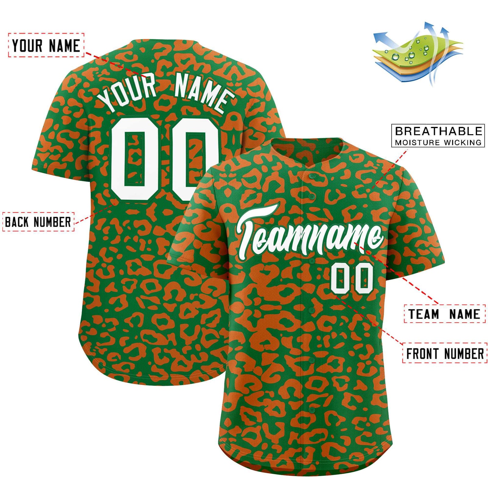 Custom Kelly Green Orange Leopard Print Pattern Authentic Baseball Jersey