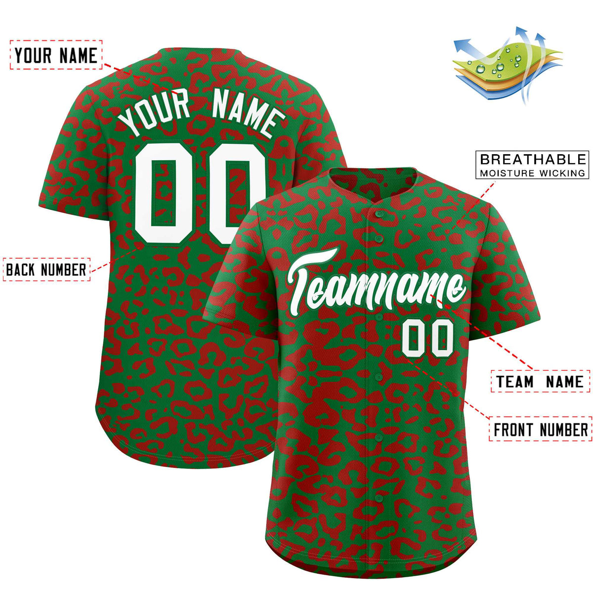 Custom Kelly Green Red Leopard Print Pattern Authentic Baseball Jersey