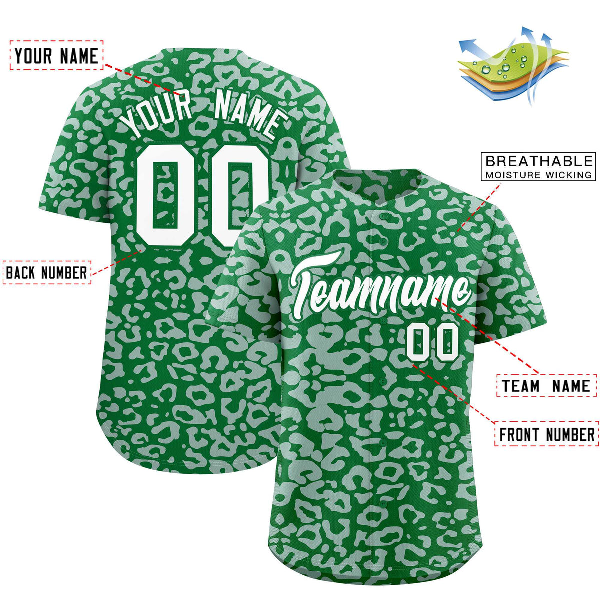 Custom Kelly Green Silver Leopard Print Pattern Authentic Baseball Jersey