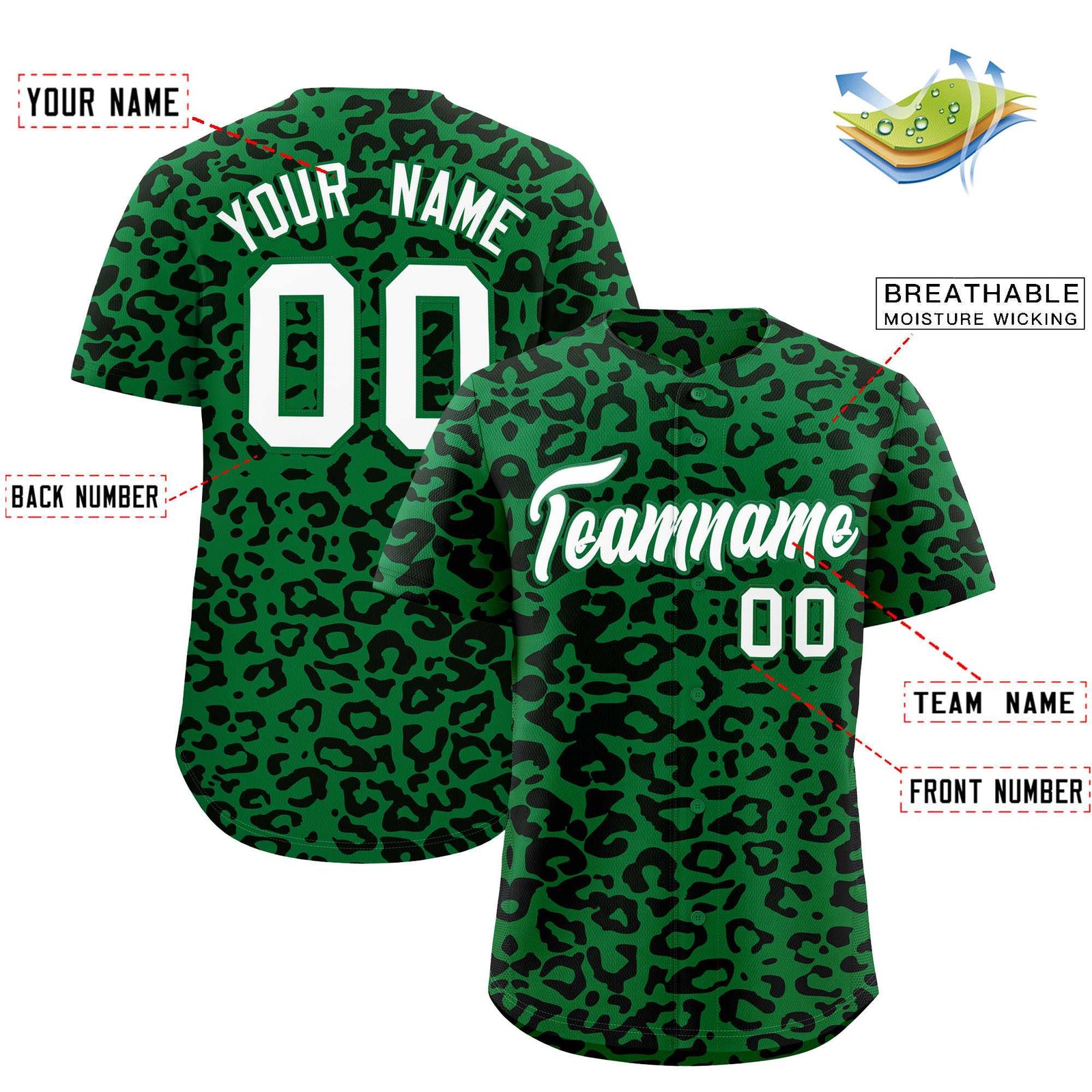 Custom Kelly Green Black Leopard Print Pattern Authentic Baseball Jersey