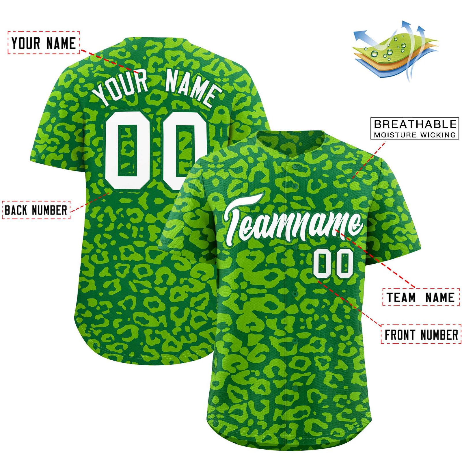 Custom Kelly Green Neon Green Leopard Print Pattern Authentic Baseball Jersey