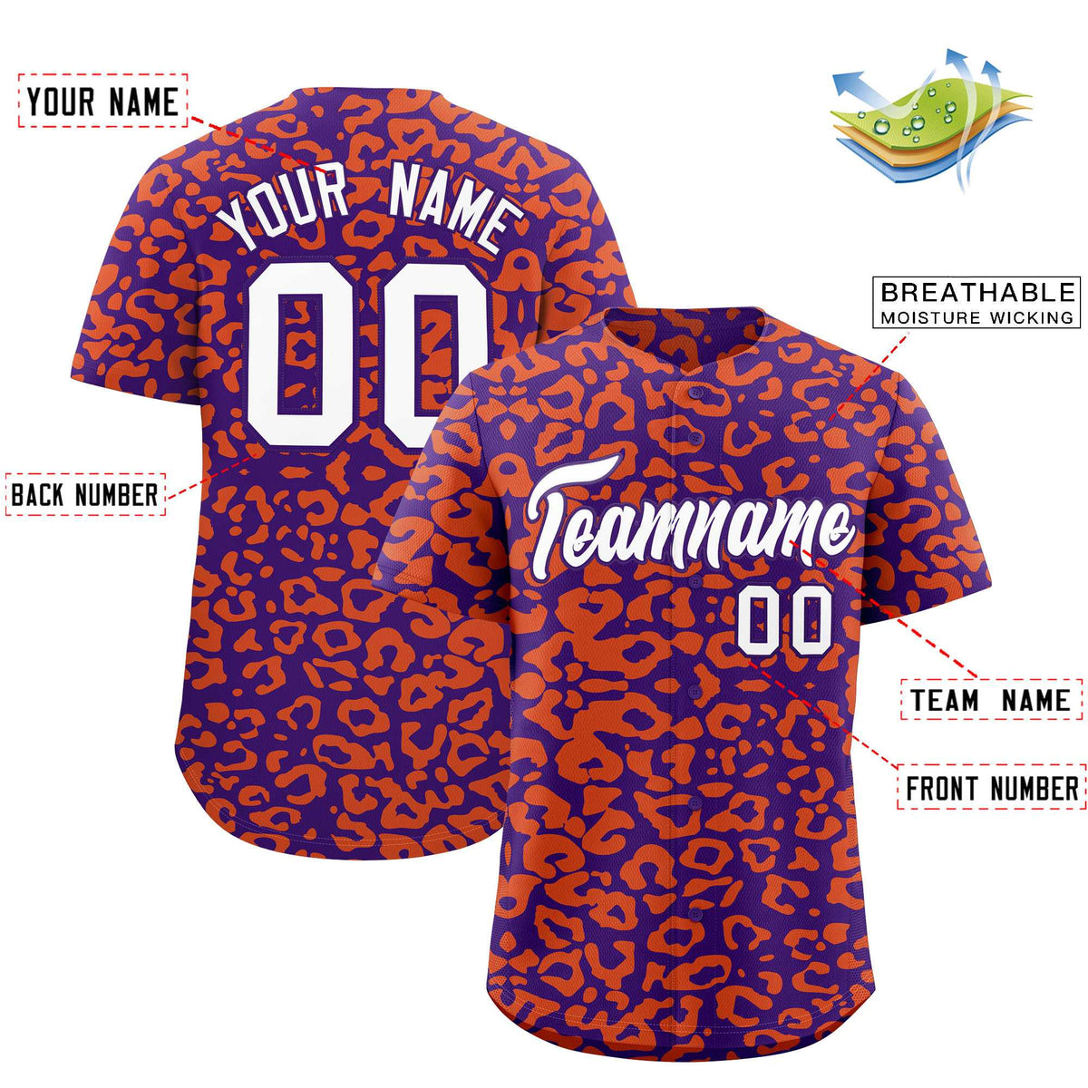 Custom Purple Orange Leopard Print Pattern Authentic Baseball Jersey