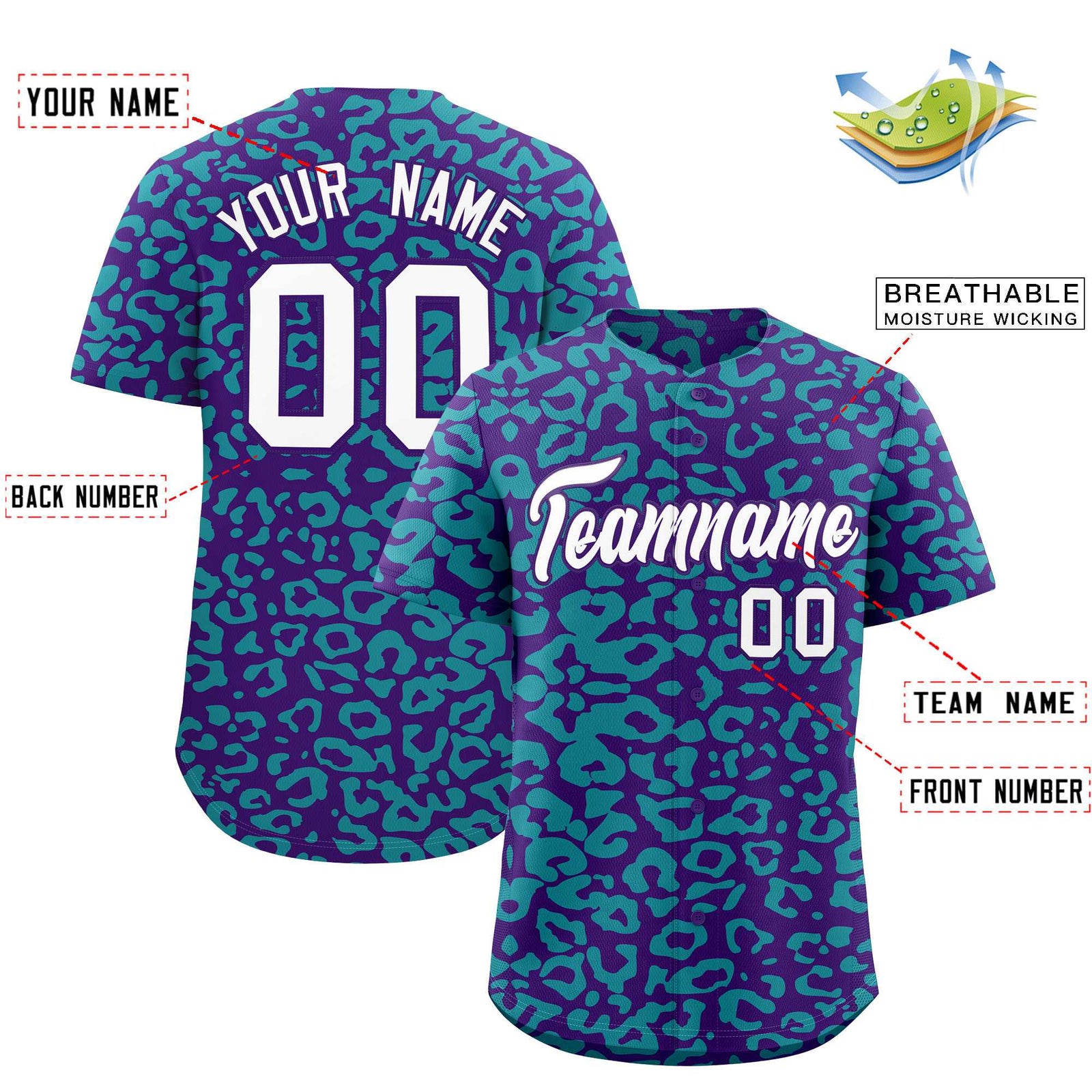 Custom Purple Aqua Leopard Print Pattern Authentic Baseball Jersey