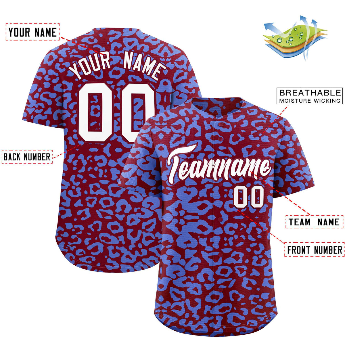 Custom Crimson Light Blue Leopard Print Pattern Authentic Baseball Jersey