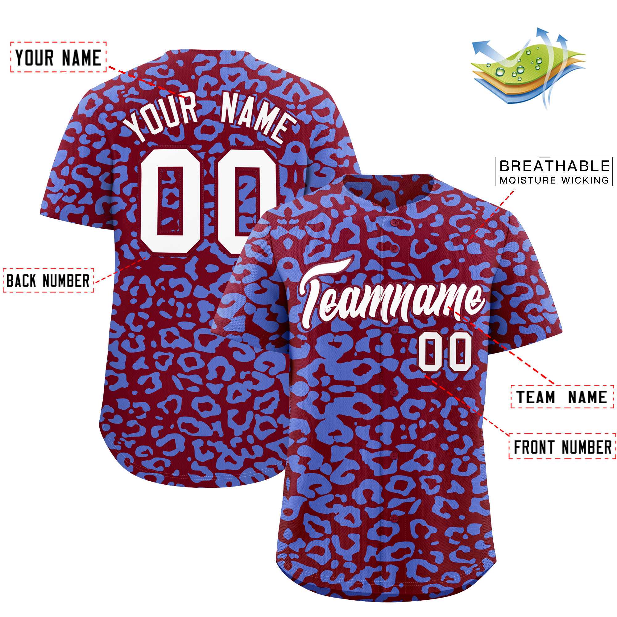 Custom Crimson Light Blue Leopard Print Pattern Authentic Baseball Jersey