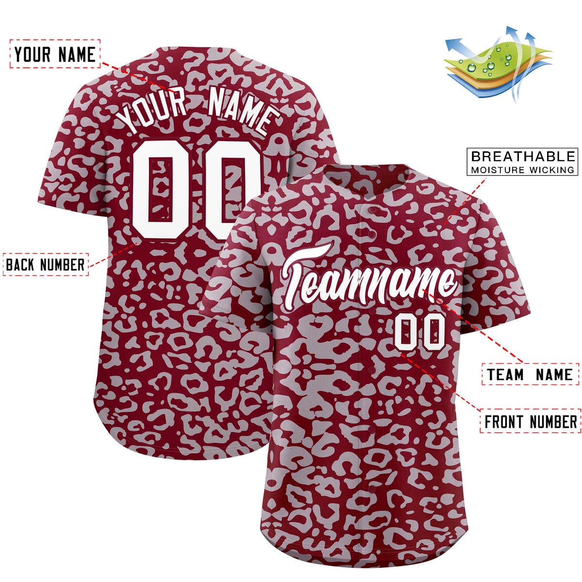 Custom Crimson Silver Leopard Print Pattern Authentic Baseball Jersey