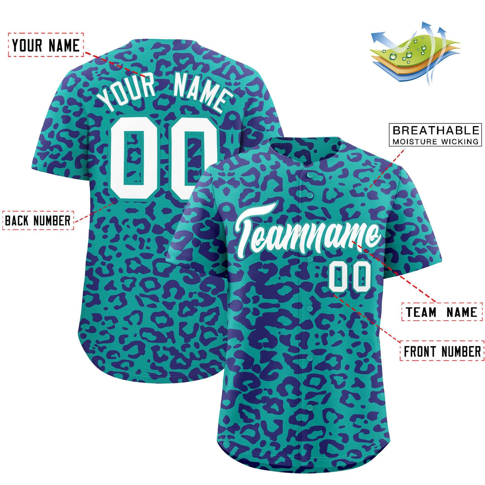 Custom Aqua Purple Leopard Print Pattern Authentic Baseball Jersey