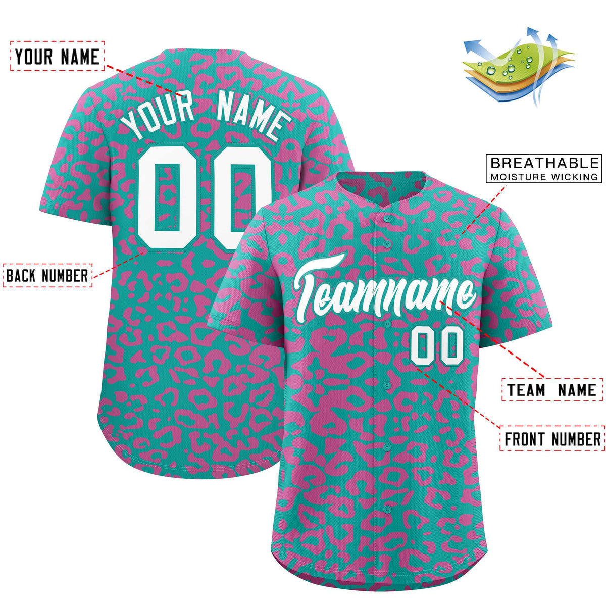 Custom Aqua Pink Leopard Print Pattern Authentic Baseball Jersey