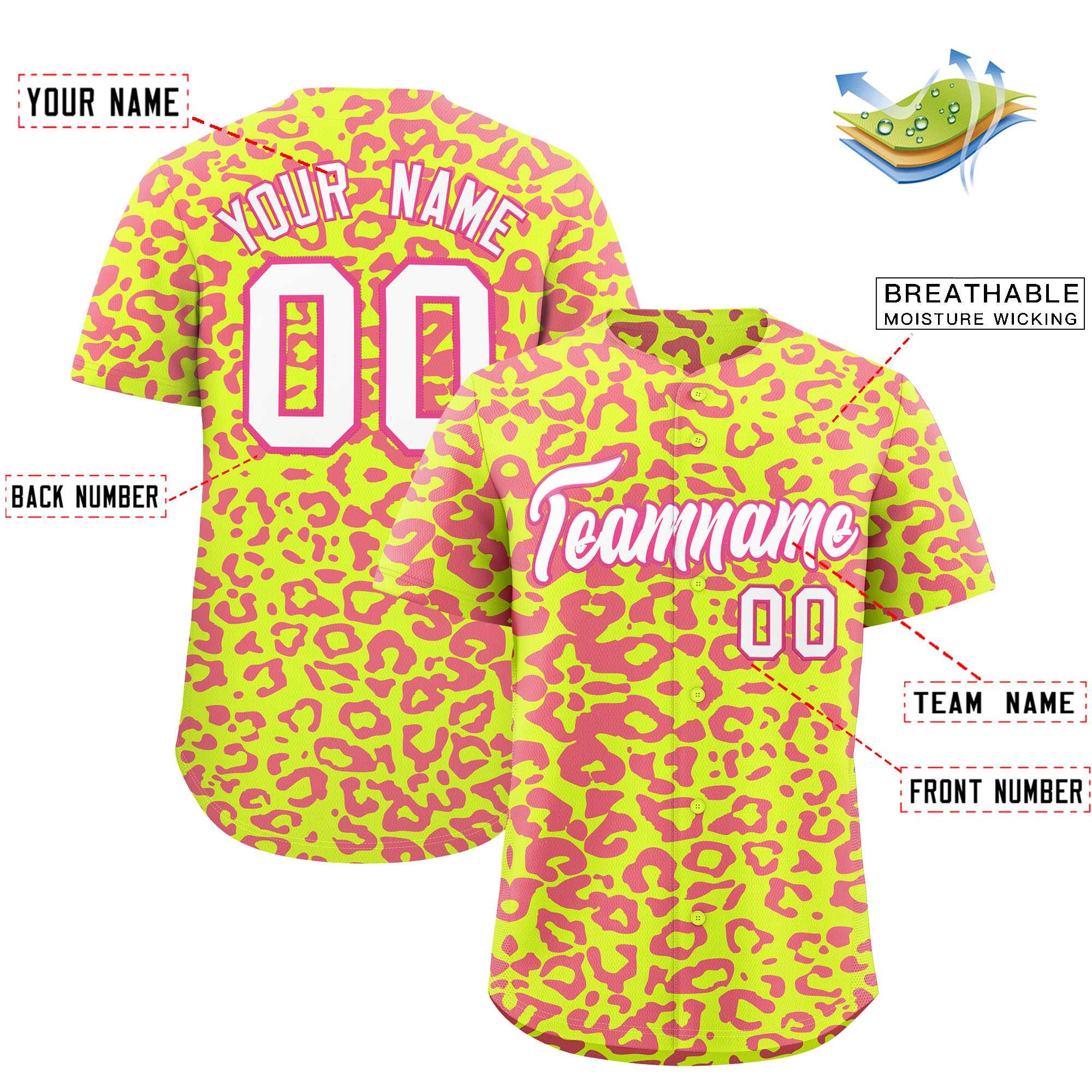 Custom Fluorescent Green Pink Leopard Print Pattern Authentic Baseball Jersey