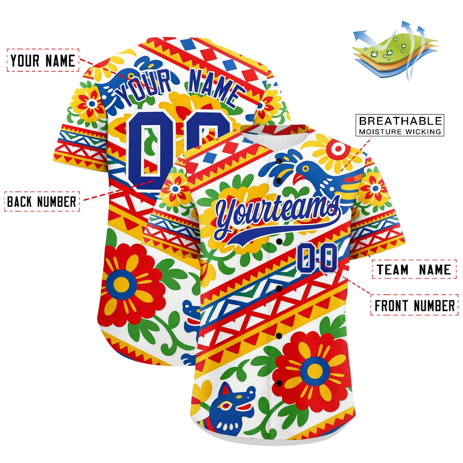 Custom White Royal Blue Graffiti Pattern Mexican style Stretch Fabric Baseball Jersey| KXKSHOP